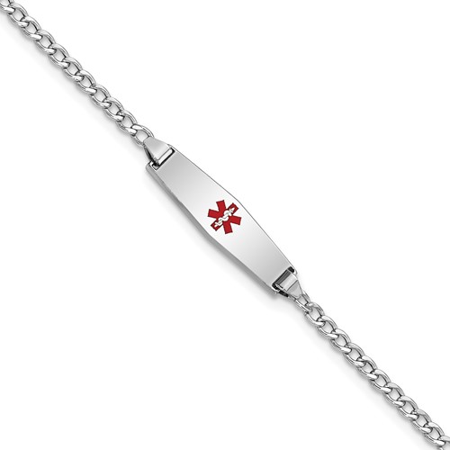 14K White Gold Medical Semi-Solid Chain Solid Plate 20x 5mm Soft Diamond Shape Centered Red Enamel Cuban Link ID Bracelet, 7"