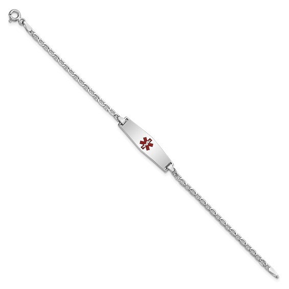 14k White Gold Medical Semi-Solid Chain/Solid Plate 25x7mm Soft Diamond Shape Centered Red Enamel Anchor Link 6 inch Baby/Child ID Bracelet