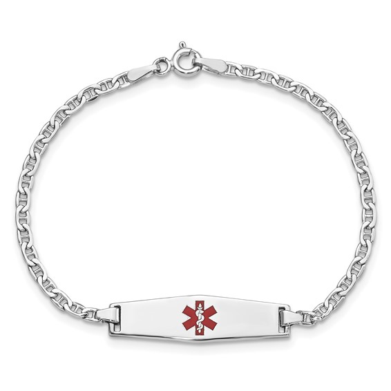 14k White Gold Medical Semi-Solid Chain/Solid Plate 25x7mm Soft Diamond Shape Centered Red Enamel Anchor Link 6 inch Baby/Child ID Bracelet