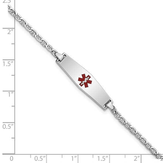 14k White Gold Medical Semi-Solid Chain/Solid Plate 25x7mm Soft Diamond Shape Centered Red Enamel Anchor Link 6 inch Baby/Child ID Bracelet
