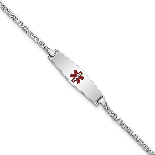 14K White Gold Medical Semi-Solid Chain Solid Plate 25x 7mm Soft Diamond Shape Centered Red Enamel Anchor Link ID Bracelet, 6"