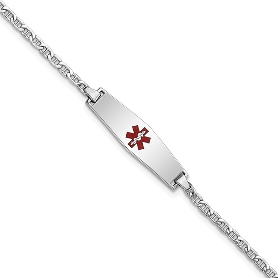 14k White Gold Medical Semi-Solid Chain/Solid Plate 25x7mm Soft Diamond Shape Centered Red Enamel Anchor Link 6 inch Baby/Child ID Bracelet