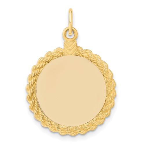 14K Yellow Gold Plain.013 Gauge Round Engravable 20.3x 18.6mm Disc Charm with Rope Edge