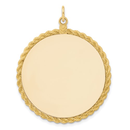 14K Yellow Gold Plain.013 Gauge Round Engravable 36.6x 34.9mm Disc Charm with Rope Edge