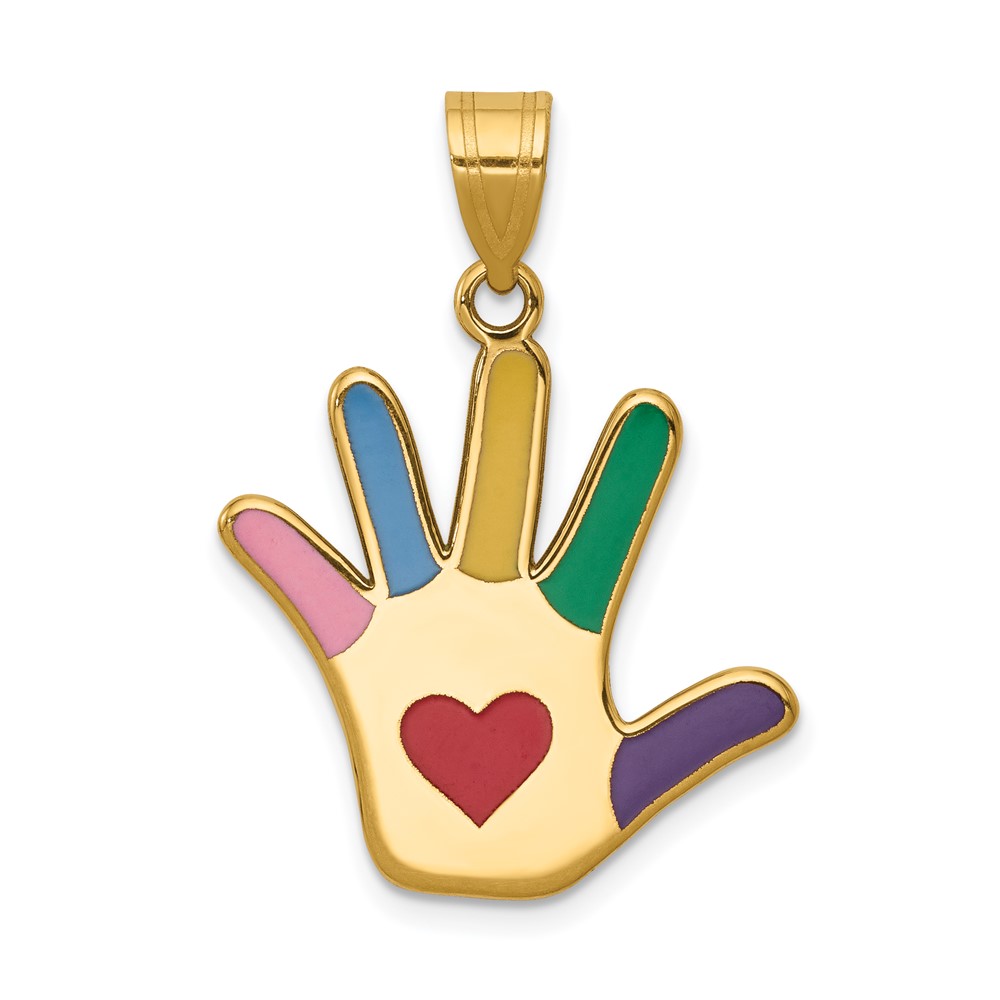 14K Yellow Gold Enameled Autism Pendant with Heart Handprint