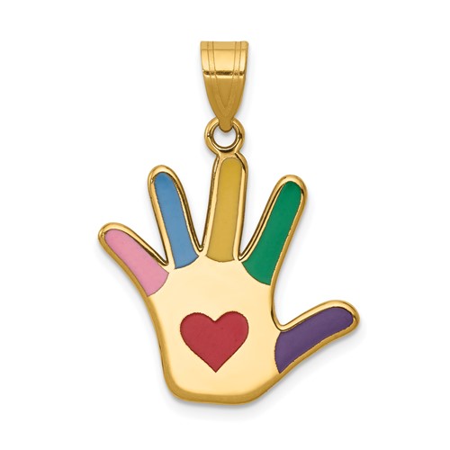 14K Yellow Gold Enameled Autism Pendant with Heart Handprint