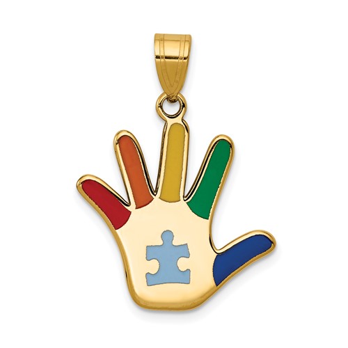 14K Yellow Gold Enameled Autism Pendant with Puzzle Piece Handprint