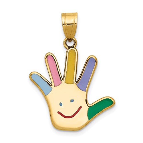 14K Yellow Gold Enameled Autism Pendant with Happy Face Handprint