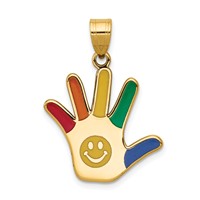 14K Yellow Gold Enameled Autism Pendant with Smiley Face Handprint view 1