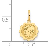 14K Yellow Gold Boy Head on.009 Gauge 10mm Engravable Scalloped Disc Charm view 3