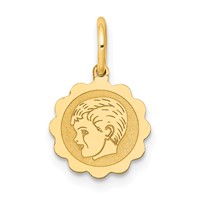 14K Yellow Gold Boy Head on.009 Gauge 10mm Engravable Scalloped Disc Charm view 1