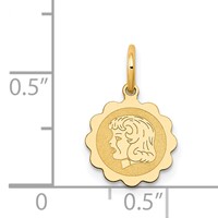 14K Yellow Gold Girl Head on.009 Gauge 10mm Engravable Scalloped Disc Charm view 2