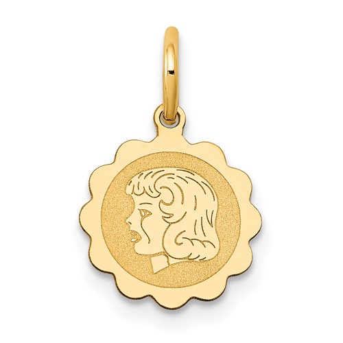 14K Yellow Gold Girl Head on.009 Gauge 10mm Engravable Scalloped Disc Charm