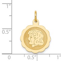 14K Yellow Gold Girl Head on.013 Gauge 15mm Engravable Scalloped Disc Charm view 3