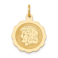 14K Yellow Gold Girl Head on.013 Gauge 15mm Engravable Scalloped Disc Charm view 1