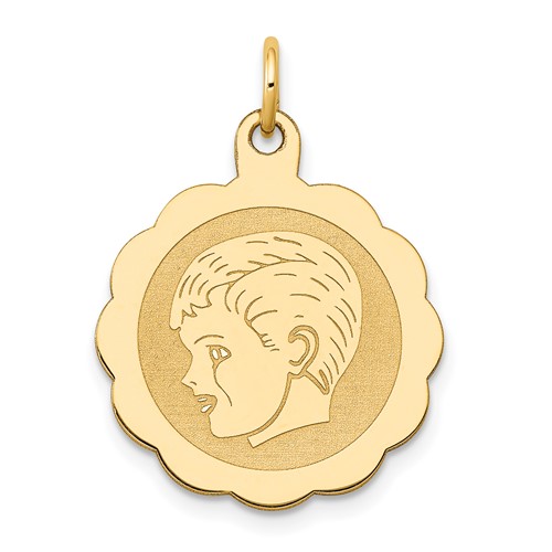 14K Yellow Gold Boy Head on.013 Gauge 18mm Engravable Scalloped Disc Charm