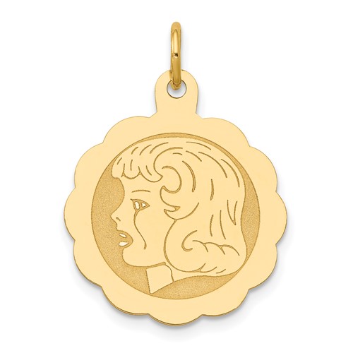 14K Yellow Gold Girl Head on.013 Gauge 18mm Engravable Scalloped Disc Charm