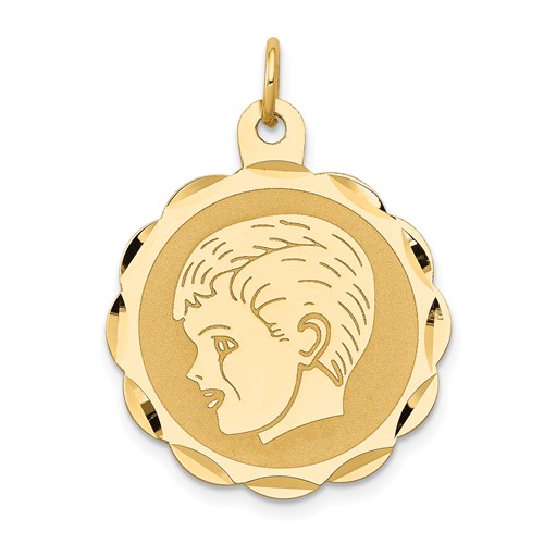 14K Yellow Gold Boy Head on.011 Gauge 22mm Engravable Scalloped Disc Charm