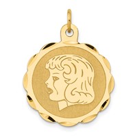14K Yellow Gold Girl Head on.011 Gauge 22mm Engravable Scalloped Disc Charm view 1