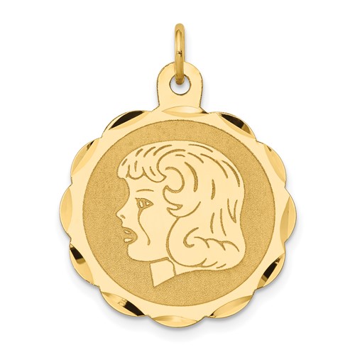 14K Yellow Gold Girl Head on.011 Gauge 22mm Engravable Scalloped Disc Charm
