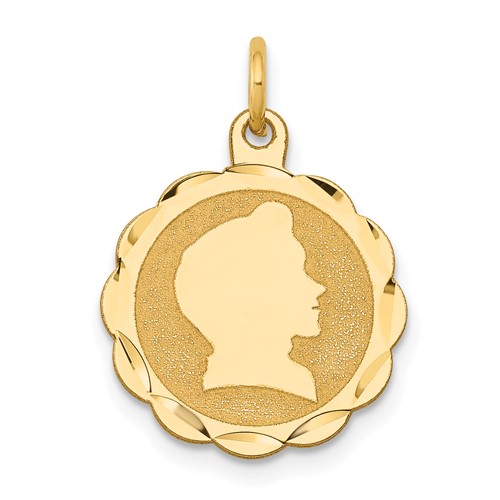 14K Yellow Gold Boy Head on.009 Gauge Engravable Scalloped 17x 15mm Disc Charm
