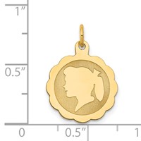 14K Yellow Gold Girl Head on.009 Gauge Engravable Scalloped 17x 15mm Disc Charm view 2