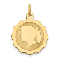 14K Yellow Gold Girl Head on.009 Gauge Engravable Scalloped 17x 15mm Disc Charm view 1