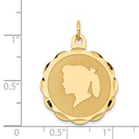 14K Yellow Gold Girl Head on.011 Gauge Engravable Scalloped 25x 22mm Disc Charm view 3