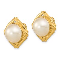14K Yellow Gold 13-14mm White Mabe Saltwater Cultured Pearl Omega Back Earrings view 2