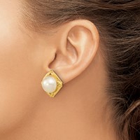 14K Yellow Gold 13-14mm White Mabe Saltwater Cultured Pearl Omega Back Earrings view 3