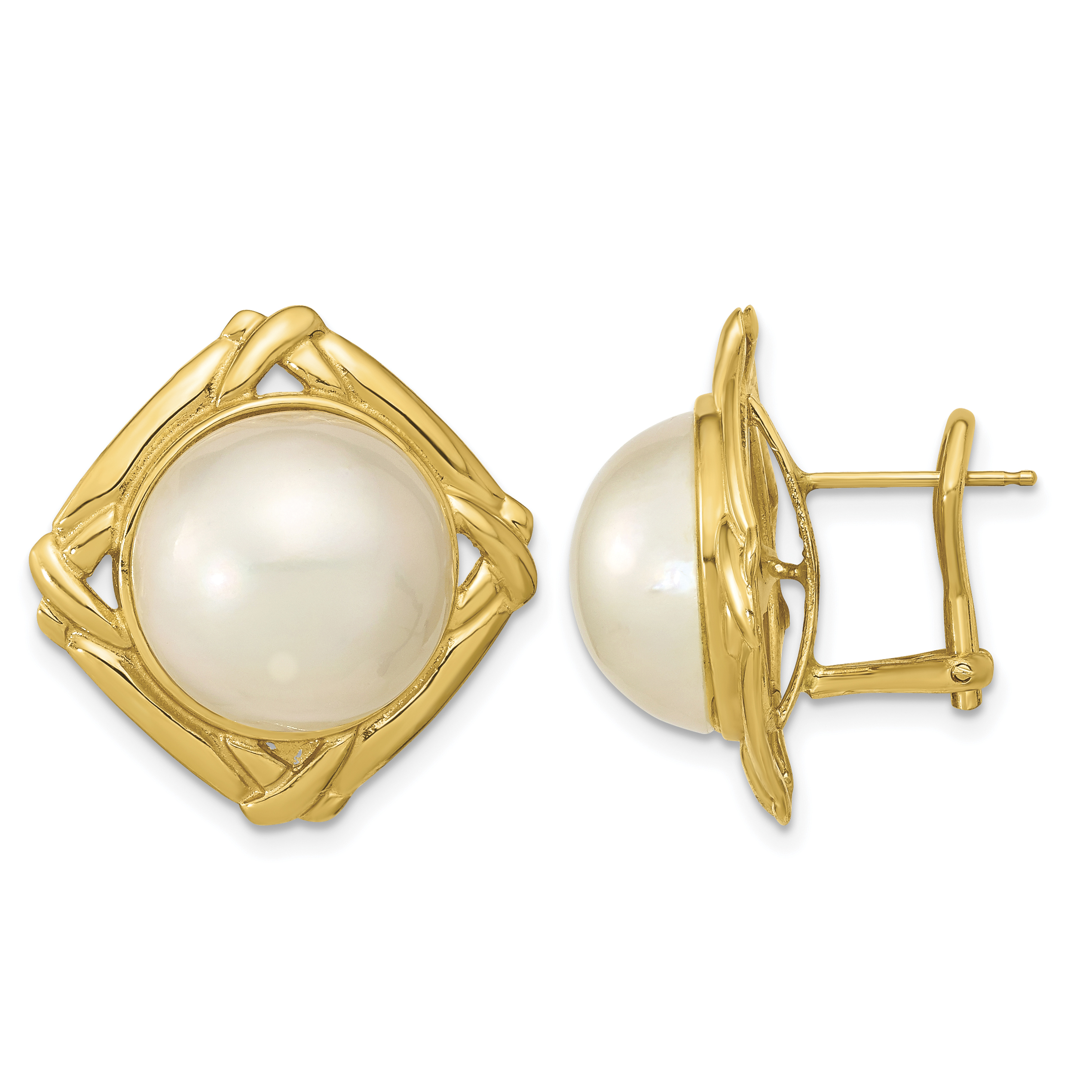 14k 13-14mm White Mabe Saltwater Cultured Pearl Omega Back Earrings (XMP100)