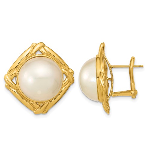 14K Yellow Gold 13-14mm White Mabe Saltwater Cultured Pearl Omega Back Earrings
