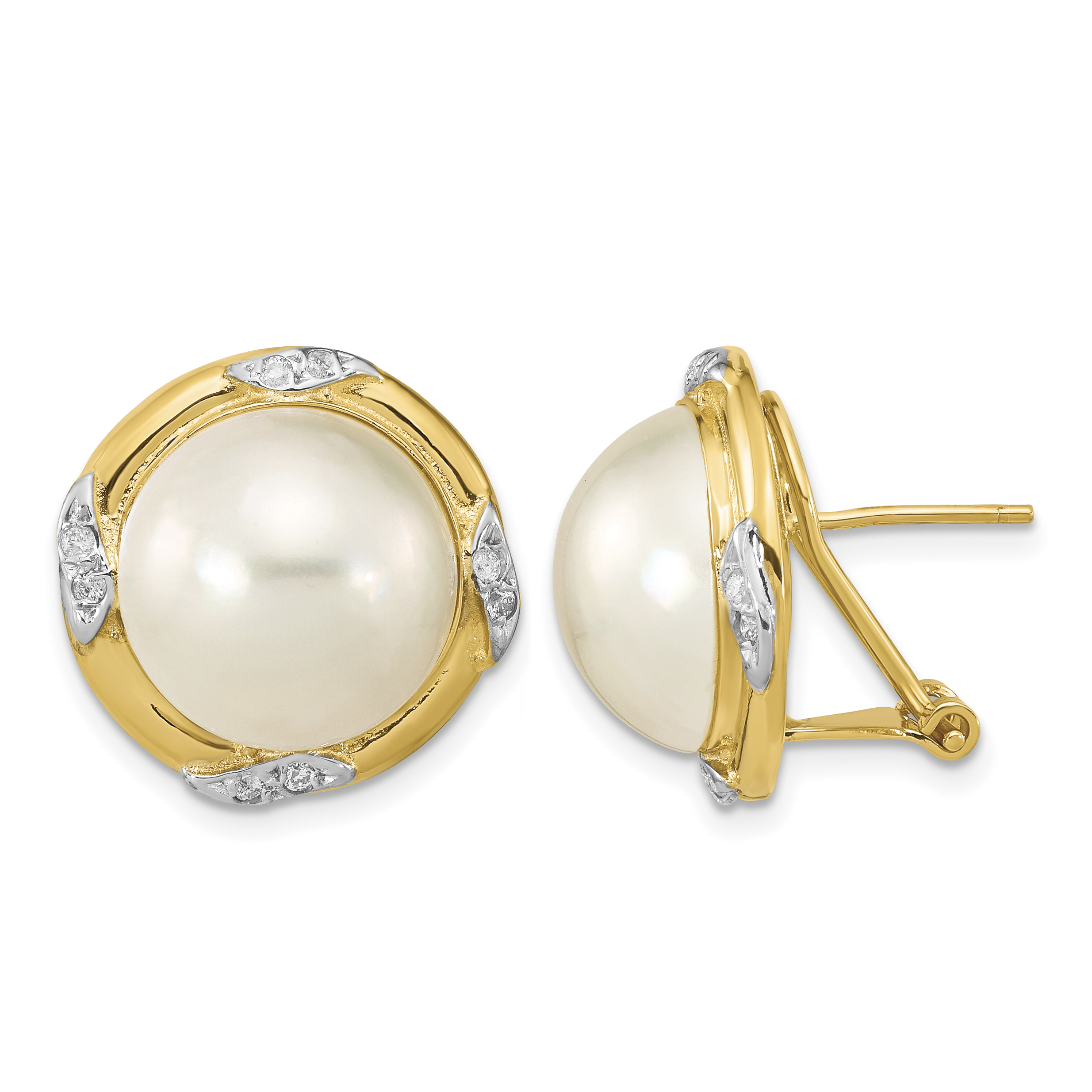 14k 13-14mm White Mabe Saltwater Cultured Pearl and .16 Carat Diamond Omega Back Earrings (XMP102)