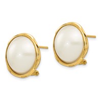 14K Yellow Gold 14-15mm White Freshwater Cultured Mabe Pearl Omega Back Earrings view 2