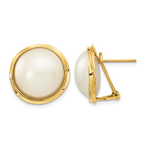 14K Yellow Gold 14-15mm White Freshwater Cultured Mabe Pearl Omega Back Earrings