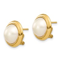 14K Yellow Gold 10-11mm White Freshwater Cultured Mabe Pearl Omega Back Earrings view 2