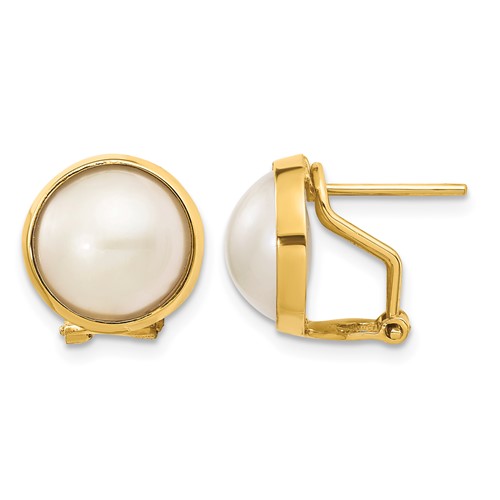 14K Yellow Gold 10-11mm White Mabe Freshwater Cultured Pearl Omega Back Earrings