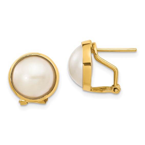 14k 10-11mm White Mabe Freshwater Cultured Pearl Omega Back Earrings