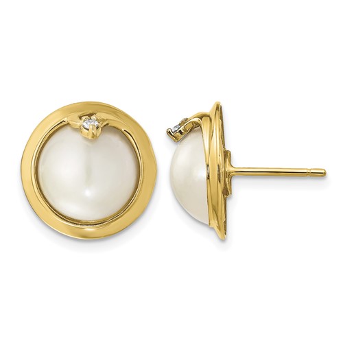 14K Yellow Gold 10-12mm Cultured Mabe Pearl & Diamond Earrings