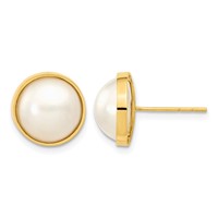 14K 9-10mm White Saltwater Cultured Mabe Pearl Post Earrings view 1