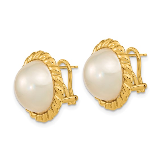 14k 13-14mm White Mabe Saltwater Cultured  Pearl Omega Back Earrings