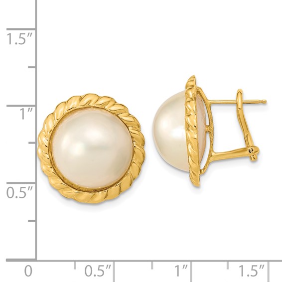 14k 13-14mm White Mabe Saltwater Cultured  Pearl Omega Back Earrings