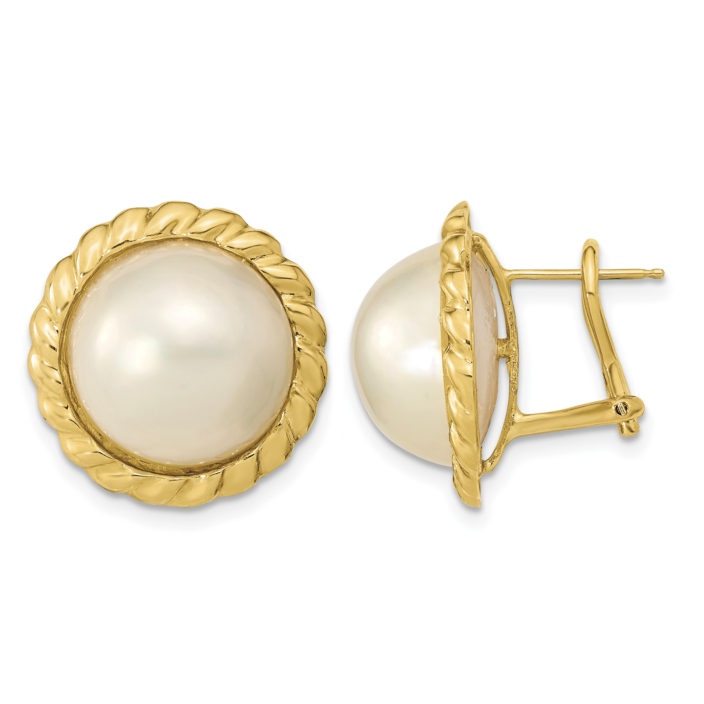 14k 13-14mm White Mabe Saltwater Cultured Pearl Omega Back Earrings (XMP97)