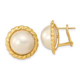 14k 13-14mm White Mabe Saltwater Cultured  Pearl Omega Back Earrings