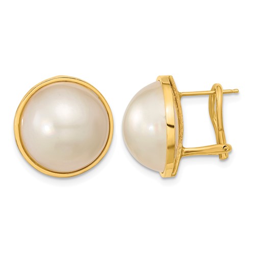 14K Yellow Gold 14-15mm White Mabe Saltwater Cultured Pearl Omega Back Earrings