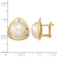 14K Yellow Gold 12-13mm White Mabe Saltwater Cultured Pearl and.06 Carat Diamond Omega Back Earrings view 4