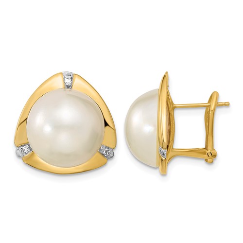 14K Yellow Gold 12-13mm White Mabe Saltwater Cultured Pearl and.06 Carat Diamond Omega Back Earrings