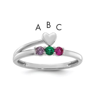 14k White Gold Heart with 3 Synthetic  Birthstone Mother's Ring