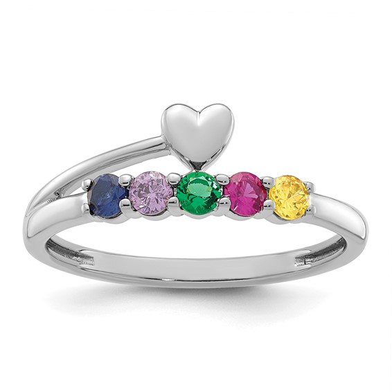 14k White Gold Heart with 5 Synthetic  Birthstone Mother's Ring