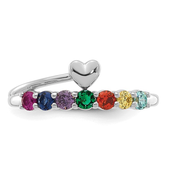 14k White Gold Heart with 7 Synthetic  Birthstone Mother's Ring